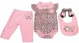 Cheetah Print 4 Piece Set for Baby Girl 3-6 Months (Onesie, Pants, Socks, Bib) by Teddy Boom