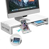 Molioon モニタースタンド モニター台 USB3.0 RGBライト付き データ転送付き 机上台 USB充電付き 折りたたみ可能 ディスプレイ 台 引き出しとスマホホルダー付き パソコン 台 幅3段階調節可能 耐荷重30kg (ホワイト)