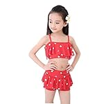 (美来Kids) 子供 女の子 セパレート 水着 フリル ドット ハート 肩紐調節 オフショルダー ビキニ ２点セット (M(100-115), レッド)