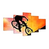 Helloアートワーク – 5ピースキャンバス壁アートMan On MUONTAINバイクシルエットover sunset picture print onイエローレッドの背景ジークレーStretch