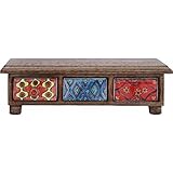 ラビミニチェスト【3マス】 セラミック/木製(チーク材) 幅38.5cm×奥行9.5cm ブラウン (インテリア家具)