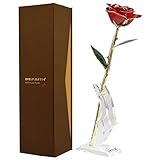 Red Gold Rose, DEFAITH 24K Gold Trimmed Long Stem Real Rose with Moon-shape Rose Stand. Last a Lifet
