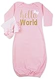 poshpeanut Infant Gown HelloWorld Layetteソフトスリーwith新生児の女の子のソフト幼児ビーニー(ピンク/ゴールド)