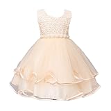 Candykids 子供服 ベビードレス リボン付きプリンセス ドレス レース チュール ノースリーブ 子供ドレス フォーマル 結婚式 発表会 演奏会 卒園式 お誕生日 (100cm, シャンパン色)