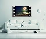 Beach at Night Moon Palms andウィンドウ3d効果 – ウィンドウ壁効果3d – 壁デカールの部屋男の子女の子ユニセックス Wide 50"x29" Height
