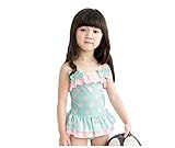 ノーブランド品 水着 ３点セット セパレート 帽子付き 子供・キッズ・女の子向け 水玉模様グリーンドット柄 Mサイズ