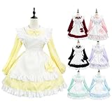 [CR ROLECOS] メイド服 大きいサイズ 多色 リボンワンピース 可愛い フリル メイド コスプレ レディース プラスサイズ 定番 长袖 喫茶店 大人 コスチューム（イエロー、XL）
