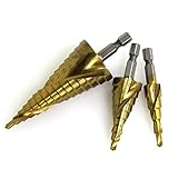 ステップドリル 3本セット チタンコーティング HSS鋼 穴あけ 面取り 穴拡大 タケノコ タケノコドリル HSSステップドリル スパイラル ステップドリル 工具 六角軸 収納ポーチ付き