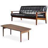 【セット品】岩附(IWATSUKI) ソファ×テーブルセット ソファー レザー 3人掛け 肘付き d) 3P ブラック 革 幅180cm 合皮 Loire ロワール IW-74 ＋ テーブル 折りたたみ ウォールナット 木製 長方形 完成品