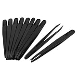 uxcell プラスチックピンセット 12 x 1cm　ブラック　フラットヒン　静電防止　精密　先平型　10個入り