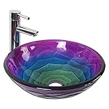 Homelava 洗面ボール ガラス 洗面台 洗面ボウル 手洗器 手洗い器おしゃれ 強化ガラス製　排水金具付 洗面台彩色上絵 洗面鉢　手洗い器　蛇口なし (B-パープル)