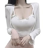 [ココアンドユカ] かわいい フリル キャミソール + 長袖 カーディガン 2点 セットアップ レディース セクシー フレア スリーブ ルームウェア (ホワイト)