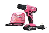 Apollo Tools DT4937P Powerful 10.8 V Lithium-Ion Cordless Drill with 30 Piece Drill Bit Set Pink Rib