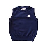 子供 ベスト クルーネック 袖なし キッズ ニット セーター シンプル スクール 男の子 女の子 秋 冬 (90cm, ダークブルー)