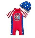 Bonverano ベビー水着　男の子　ワンピース　半袖ラッシュガード　キャップ付き　２点セット　UPF50+　紫外線対策　UVカット