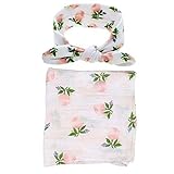 赤ちゃん おくるみ 多用途 ガーゼタオル 新生児 多層ひざ掛け ブランケット寝袋 綿100% & カチューシャ ベビー用 コットン 出産祝い ヘアバンド (多彩柄) (花)