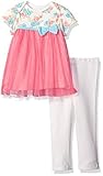 Bon Bebe Baby Girls' 2 Piece Lap Shoulder Tulle Dress and Legging Set Coral With Light Blue Bow 12 M