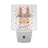 naanle Smile Cute Bunny with Floral Flower Wreathピンクハートバレンタインの日ホワイトオートセンサーLED Dusk to Dawnナイトライトプラグi