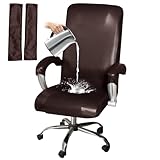 HOMECOVER ストレッチ オフィス椅子カバー 撥水, ユニバーサル PU レザー 回転 パソコンチェアカバー 付 アームレストカバー 取り外し可能 チェアカバープロテクター-コーヒー-XL