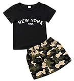 Tシャツ上下2セット 女の子 子供用 英字パターン ブラック半袖Tシャツトップ + カモフラージュプリントスカート 子供服（6〜24ヶ月2〜4歳） (3-4歳)