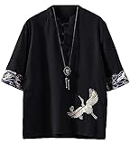 [foveitaa] メンズ 夏服 シャツ Tシャツ リネン シャツ 半袖 綿麻 和風 和柄 刺繍 七分袖 五分袖 大きい サイズ カジュアル ゆったり おしゃれ 無地 Vネック ファッション カットソー 吸汗速乾 トップス balck L