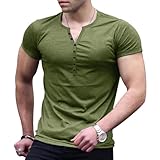 [Musgneer] メンズ ヘンリーネック Tシャツ 半袖 サーマル カットソー Tシャツ トレーニングウェア 裏地付きシャツ Vネック トップス ストレッチ 無地 夏着 グリーン S