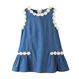 花千束　雛菊　デニム　ワンピース　女の子　チュニック　膝丈　子供服　ノースリーブ　可愛い　春　夏　ガールズ　ドレス　通園 通学　ベビー服　洋服 旅行　プレゼント　90cm-130cm (100, ブル