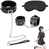 [Chisafly] SMグッズ 首輪 リード付き SMセット 拘束具 SMプレイ ふわふわ 痛くない 調節可能 マンネリ解消 簡単拘束 男女兼用 3点セット（ブラック）