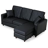 レイアウト自由 オットマン付き 天然木フレーム 3人掛け スマートPVC レザー コンパクト ソファ カウチソファ 幅183cm ブラック