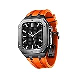 AEMALL Apple Watch Band 45mm 44mm modキットアクセサリーのシリコンウォッチバンドメタルケースiwatch用ウォッチバンド SE/4/5/6/7ツール付きシリーズ (Color : Black Orange, Size : 44MM FOR 6/5/4/SE)