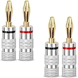 バナナプラグ スピーカーケーブルコネクター スピーカー端子 アルミニウムハウジング 純銅メッキ 簡単取り付け ねじ込み式 無はんだ端子 スピーカーケーブルコネクター オーディオプラグ レッド＋ブラック 4個セット