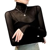[KOEKOI] シアー トップス シースルー レディース ブラウス tシャツ レディース カットソー タートルネック カットソー トップス 重ね着 uvカット 付け襟 タートルネックトップス 無地 伸縮性 シアートップス ハイネック 長袖 五分袖 (Free, 黒)