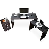 デスク 机 パソコンデスク 木製 ガラス天板 チェスト ラック 3点セット 幅150cm ブラウン ブラック