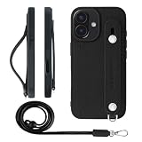 HANATORA for iPhone 16 ケース 本革 耐衝撃 背面ベルト ストラップリング スマホケース スマホ スタンド機能 ネックストラップ 付き カードポケット シュリンクレザー ギフト ブラック CGHGZ-16-Black
