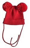 Plus Nao(プラスナオ) 子供用 ニット帽 ボンボン付き リブニット 顎ひも付き 耳付き ニットキャップ ベビー シンプル 無地 キッズ 赤ちゃん 男の子 女の子 冬帽子 - レッド