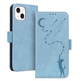 ONETHEFUL 対応 iPhone14 ケース アイフォン14 ケース スタンド機能 いphone 14 スマホケース 手帳型 マグネット いpほね14 カバー カード収納 耐衝撃 iPhone 14 財布型 全面保護 可愛い 猫柄 柔らかいTPU ONETHEFUL IPHONE 14 カバー 適応 6.1 インチ - アイスブルー