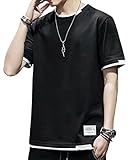 [JHIJSC] メンズ tシャツ 半袖 夏 おしゃれ 薄手 無地 綿 シンプル カジュアル 大きいサイズ (L, ブラック)