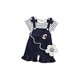 夏カバーオール かわいいストライプＴシャツ 女の子の服 Pojour 1-6歳キッズ用 2セット 子供ギフト 綿 通気 ブルー(80cm)