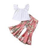 半袖Tシャツ トップ ロングパンツ 女の子 子供用 ホワイト フライングスリーブ 花柄 フレアパンツ 2点セット 夏 秋 90 100 110 120 130（12-24ヶ月2-5歳） (18-24ヶ