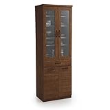 LOWYA （ロウヤ） 食器棚 耐震ラッチ付き ガラス扉収納 可動棚 引き出し アンティーク調 リアル木目 幅60cm 国産 Bタイプ ブラウン おしゃれ 新生活