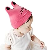 耳付き ベビー ニット帽子 ねこちゃん風　帽 赤ちゃん キッズ 子供 かわいい 防寒 (ローズ)