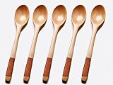 10インチロングハンドル木製Cookingミキシングスプーン子供木製スープスプーンLotus木製ライスServingテーブルウェアFlatware Set with Tiedハンドルのライン5点 レッ