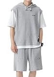 [FJLTDCP] tシャツ メンズ 上下 セット 夏服 半袖 上下2点セット スウェット パーカー メンズ スポーツウェア パーカー ハーフパンツ tシャツ 吸汗速乾 服 カジュアルパーカー 大きいサイズ カラーブロックtシャツ おしゃれ 春秋 -gray-XL