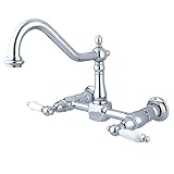 Kingston Brass KS1241PL Heritage Wall Mount 8-Inch Center Kitchen Faucet with Porcelain Lever Handle