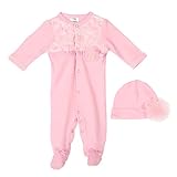 Ochine新生児　幼児　男女兼用　ロンパース　帽子付き　花柄　クルーネック　コットンブレンド　レース　ベビー服　子供服　0-9月設定 長袖カバーオール 出産祝い　3サイズ選べる　 (S, ピンク)