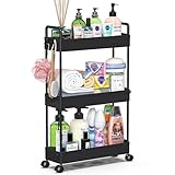 TATIU キッチンワゴン キャスター付き 隙間収納 13cm ワゴン スリム 3段 洗面所 収納 ハンドル2個付き ペットボトル 調味料 小物 スリムラック キッチン 洗面台 トイレ バスルーム 冷蔵庫横 ブラック