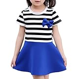 Snone夏 女の子 ドレス 可愛い ボウ ボーダー柄 縞模様ドレス ガールズ 可愛い ドレス ストライプ Aライン 半袖ワンピース