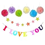 I Love You bungting banner-for母の日、結婚式、婚約、ベビーシャワーパーティーデコレーションwith Little Starバナーと6個カラフルな紙ポンポンボール