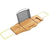 Songmics竹Bathtub Caddyトレイオーガナイザーの調節可能なサイドゴムグリップ防水布ブックホルダーubcb22y