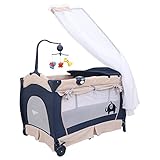 プレイヤード ベビーベッド 折りたたみ 果一宝貝 ベビーサークル 新生児から 天蓋蚊帳等4大付属品付 遮光カーテン付 (ネイビー)